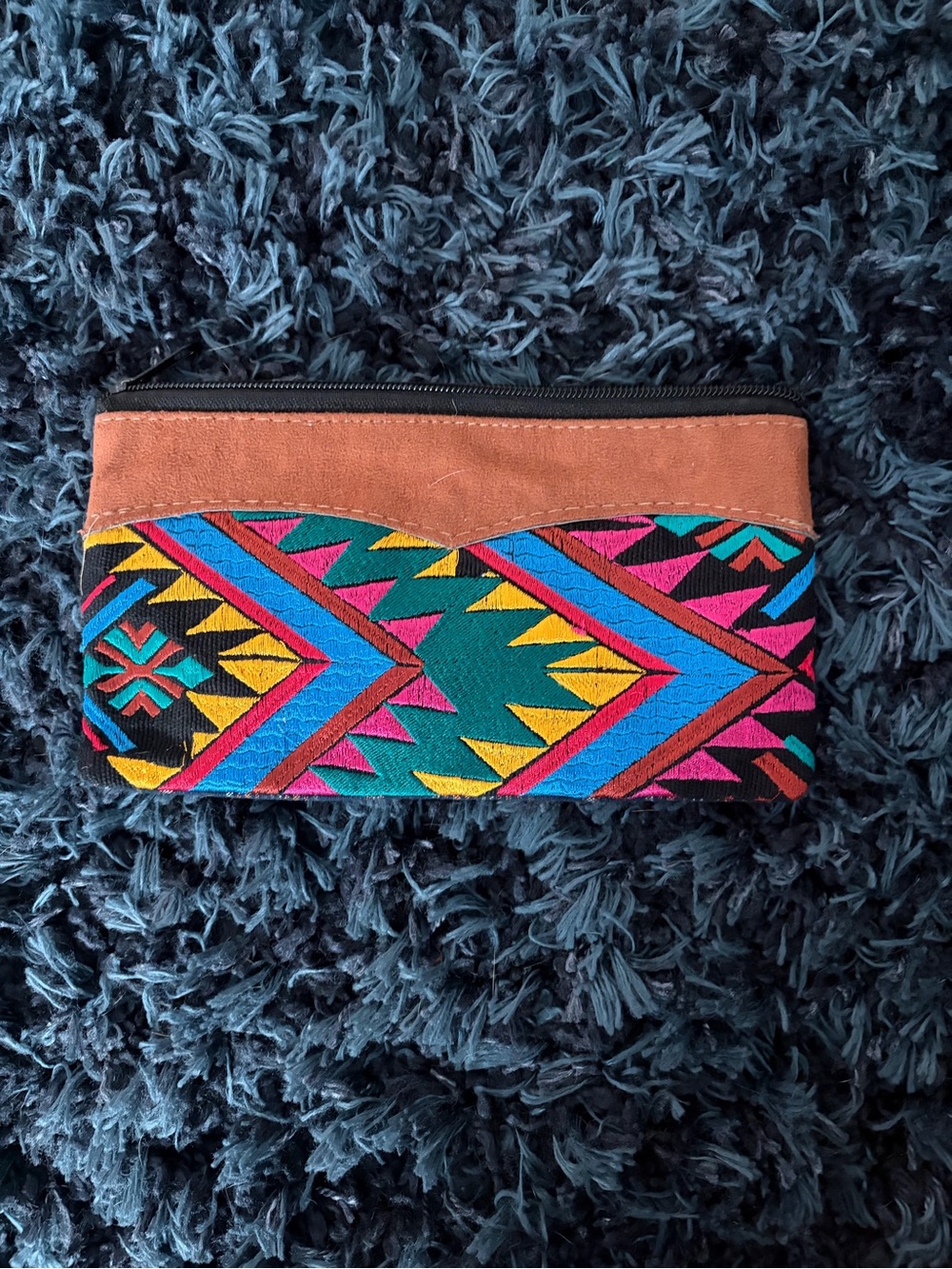 Handwoven Aztec Print Zip Clutch - Brown Trim